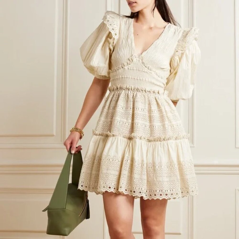 SEA NY Marley Pleated Smocked Mini Dress Cream Women's Sz 6 NWT - Picture 1 of 12